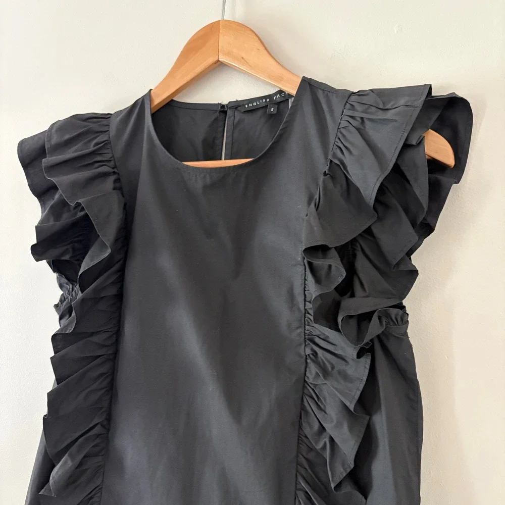 English Factory Betty Poplin Blouse S Black Ruffle Flutter Sleeve Cotton Boxy - Picture 2 of 8